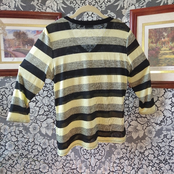 Citiknits green black grey striped shirt thin stretchy v neck 3/4 length sleeves - Picture 3 of 5